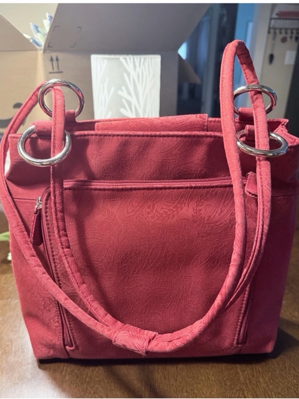 Worthington Coral-Red Shoulder Tote with Silver Rings
